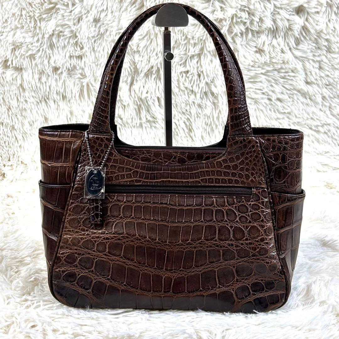 極美品✨JRAタグ センター取り マットクロコダイル トートバッグ 腹ワニ 濃茶