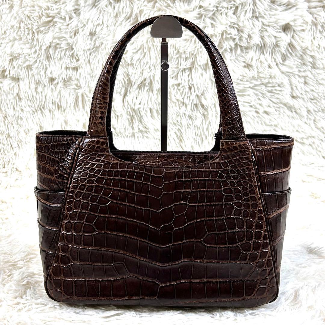 極美品✨JRAタグ センター取り マットクロコダイル トートバッグ 腹ワニ 濃茶