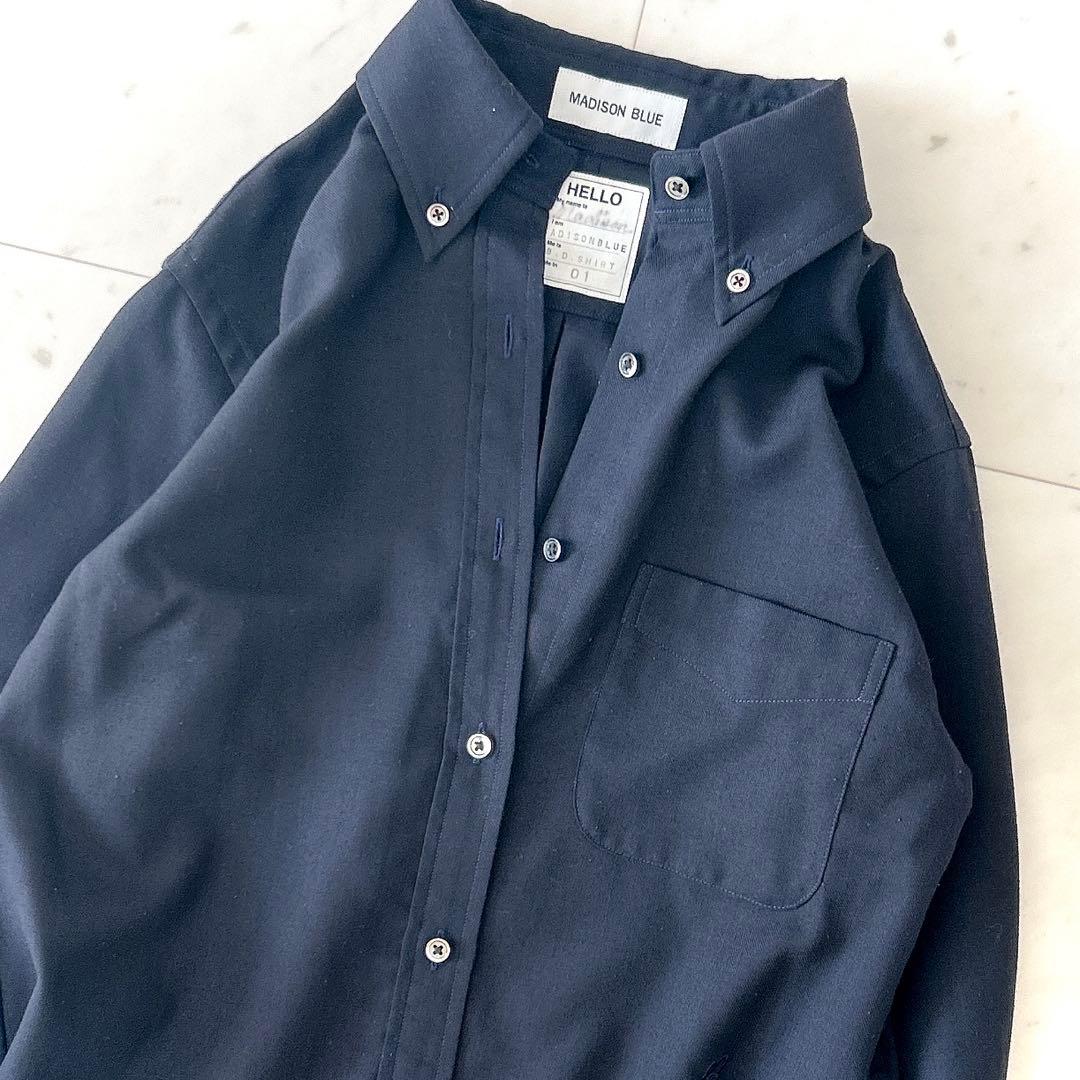 美品 マディソンブルー ウール ボタンダウンシャツ ネイビー 刺繍 長袖シャツ