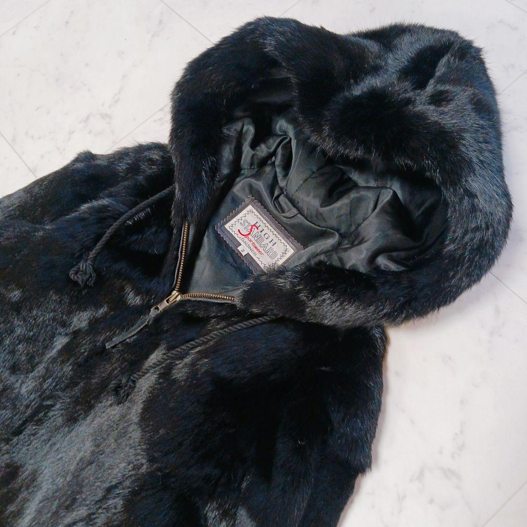 ラビットファー コート M ブラック フード付 毛皮 リアルファー ジップアップ