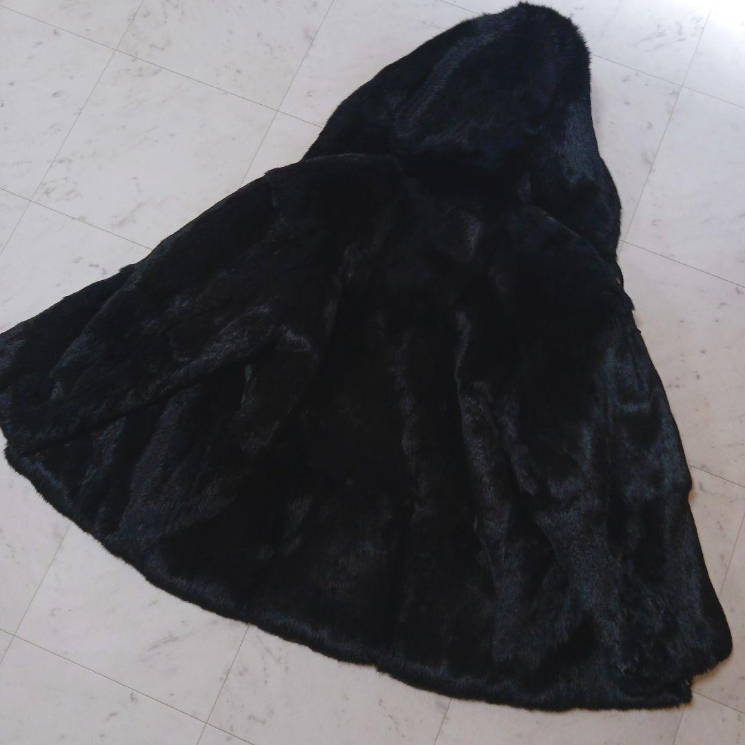 ラビットファー コート M ブラック フード付 毛皮 リアルファー ジップアップ
