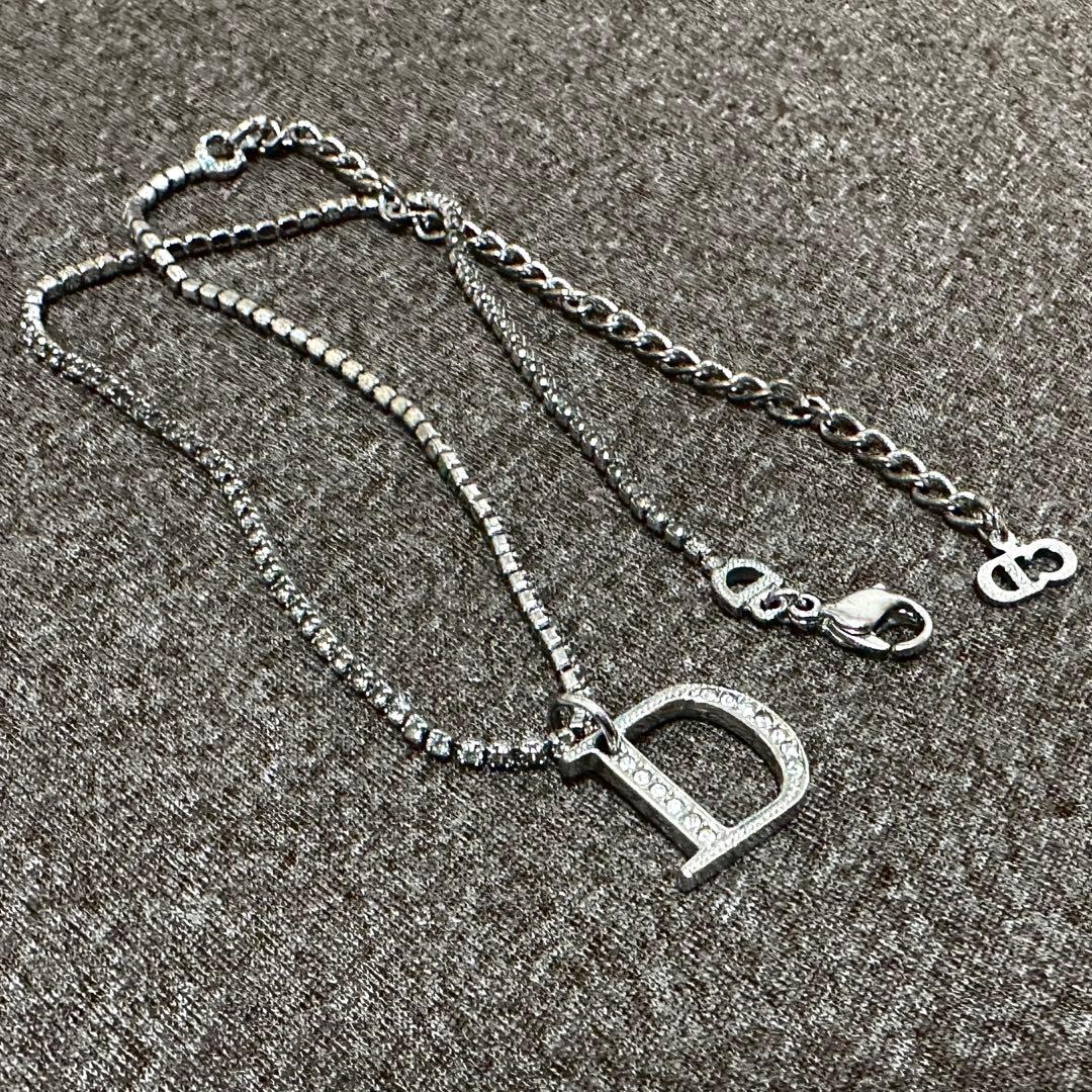 【お値下げ中】Dior ネックレス Dロゴ ラインストーン シルバー 真鍮