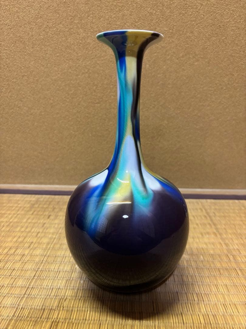 人間国宝　三代徳田八十吉　(正彦) 彩釉花入　花瓶　九谷焼　高さ26.5cm