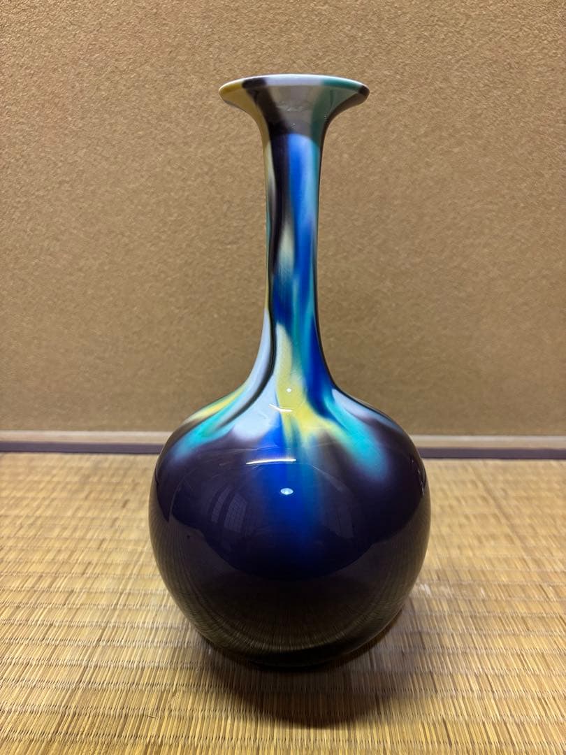 人間国宝　三代徳田八十吉　(正彦) 彩釉花入　花瓶　九谷焼　高さ26.5cm