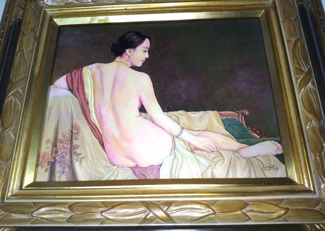 森本草介、絵画、裸婦、油彩６号、憩いの時、高級額縁、肉筆