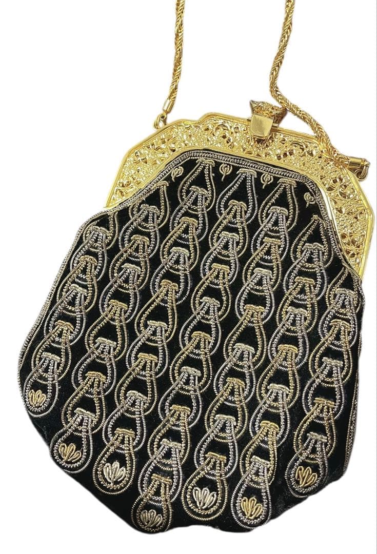 ビーズ　パーティバッグ　ベルベット　黒　ゴールド　ヴィンテージ