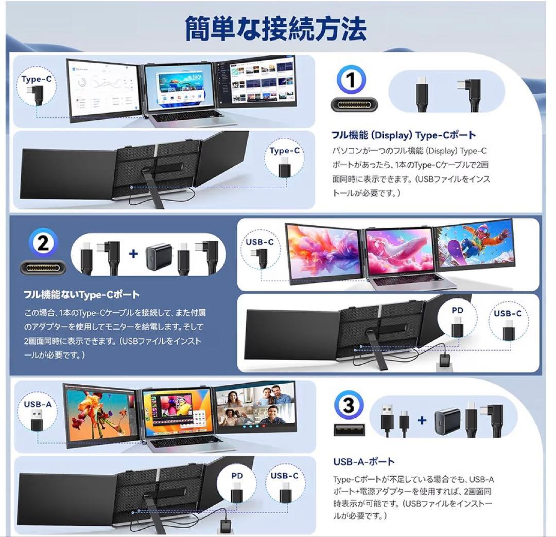 14インチ デュアルモバイルモニター【超薄型・超軽量】 2画面 ノートパソコン用