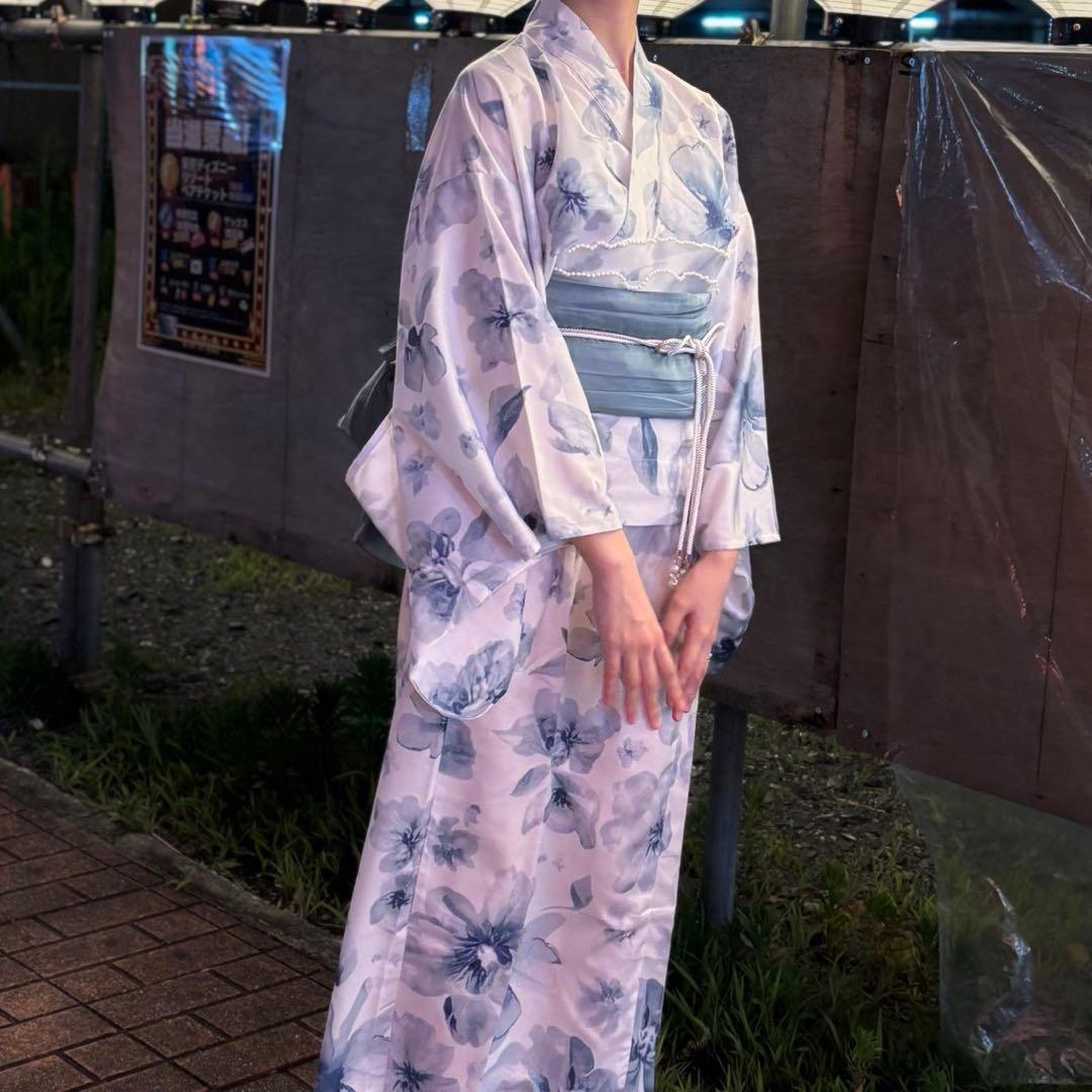 お買い得‼️5点セット2Way水彩花柄浴衣セット　浴衣　お祭り　水色白色