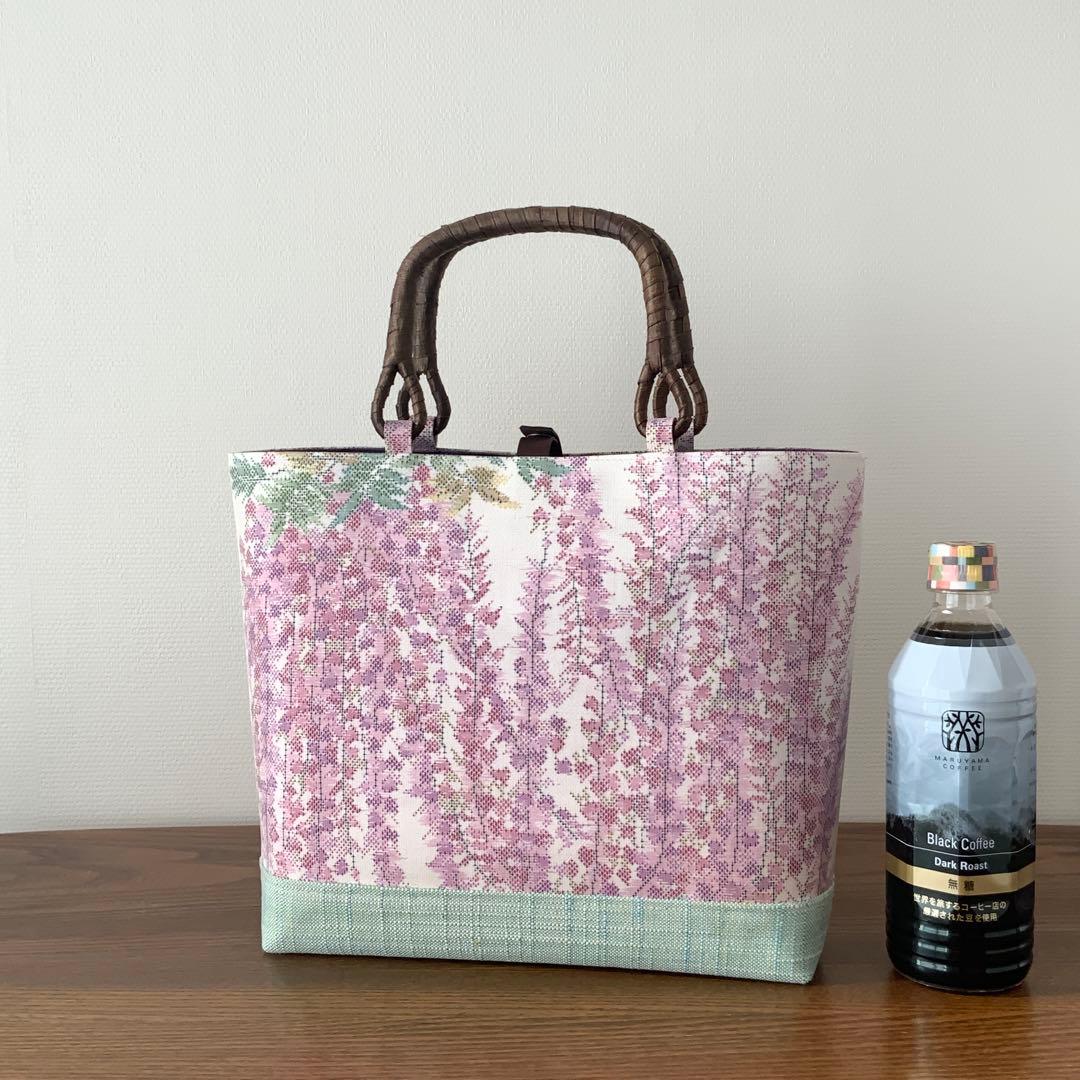 大島紬　満開の藤の花　リメイク　胡桃皮ハンドルバッグ