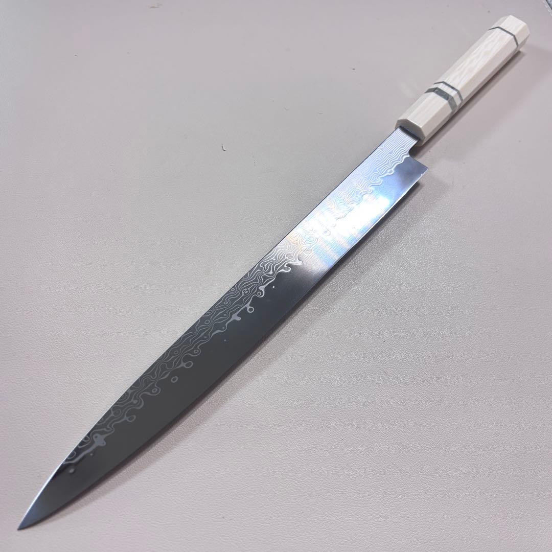 尺300mm 柳刃包丁 墨流しダマスカス　人工象牙八角柄 和包丁 白'ᘲ