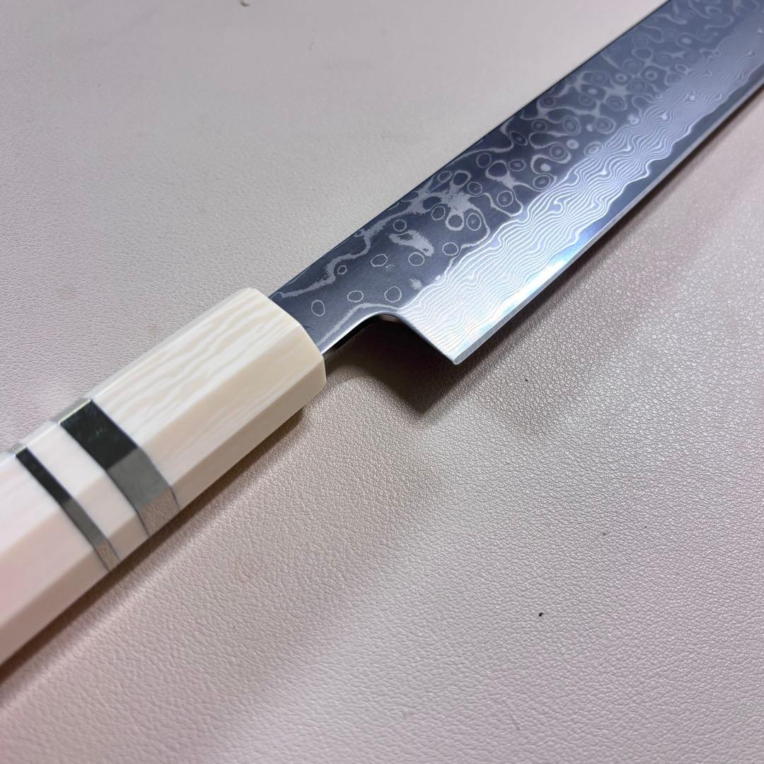 尺300mm 柳刃包丁 墨流しダマスカス　人工象牙八角柄 和包丁 白'ᘲ