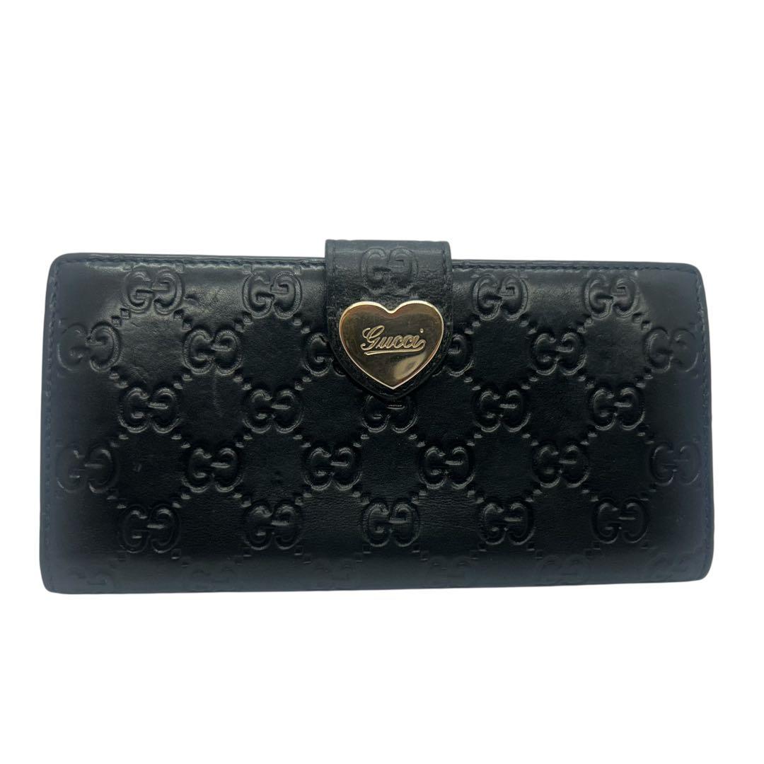 【美品】グッチ 長財布 グッチシマ ラブリーハート Wホック レザー ブラック