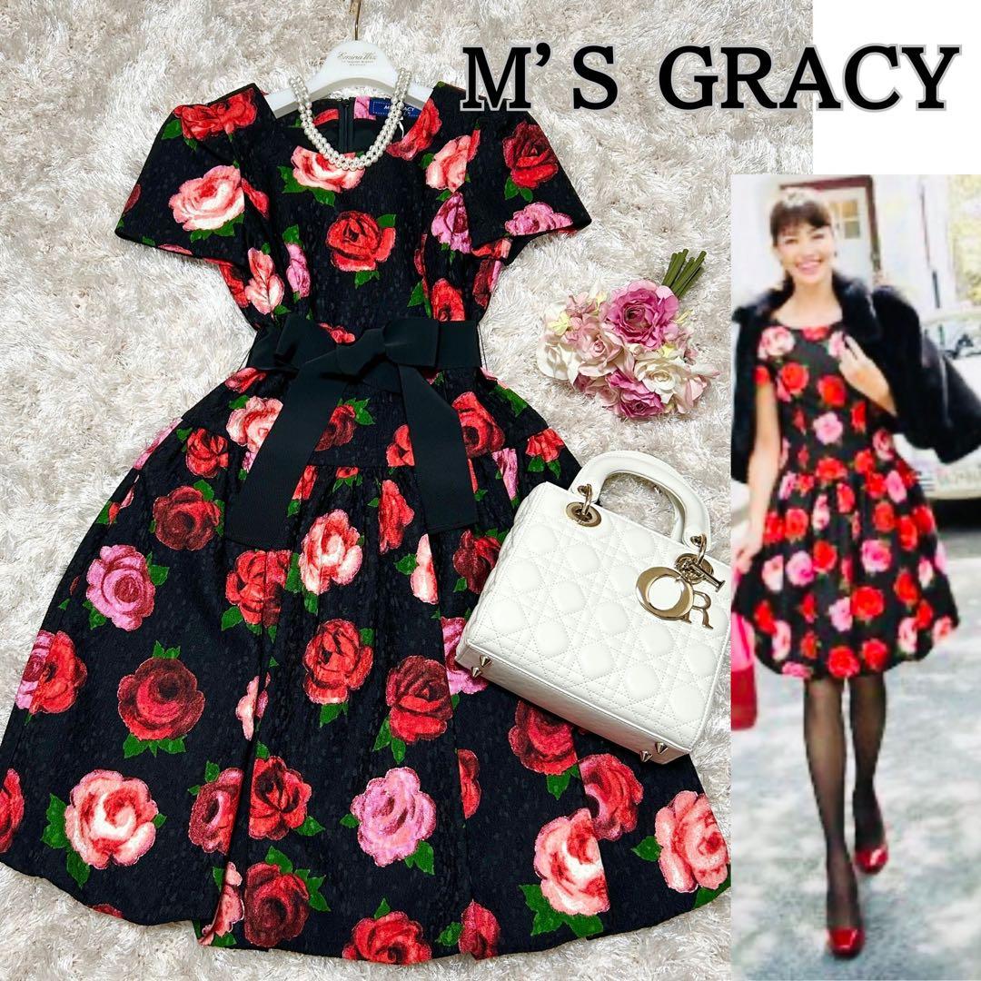 エムズグレイシー 秋冬カタログ バルーンワンピース 薔薇 ジャガード 花柄 黒