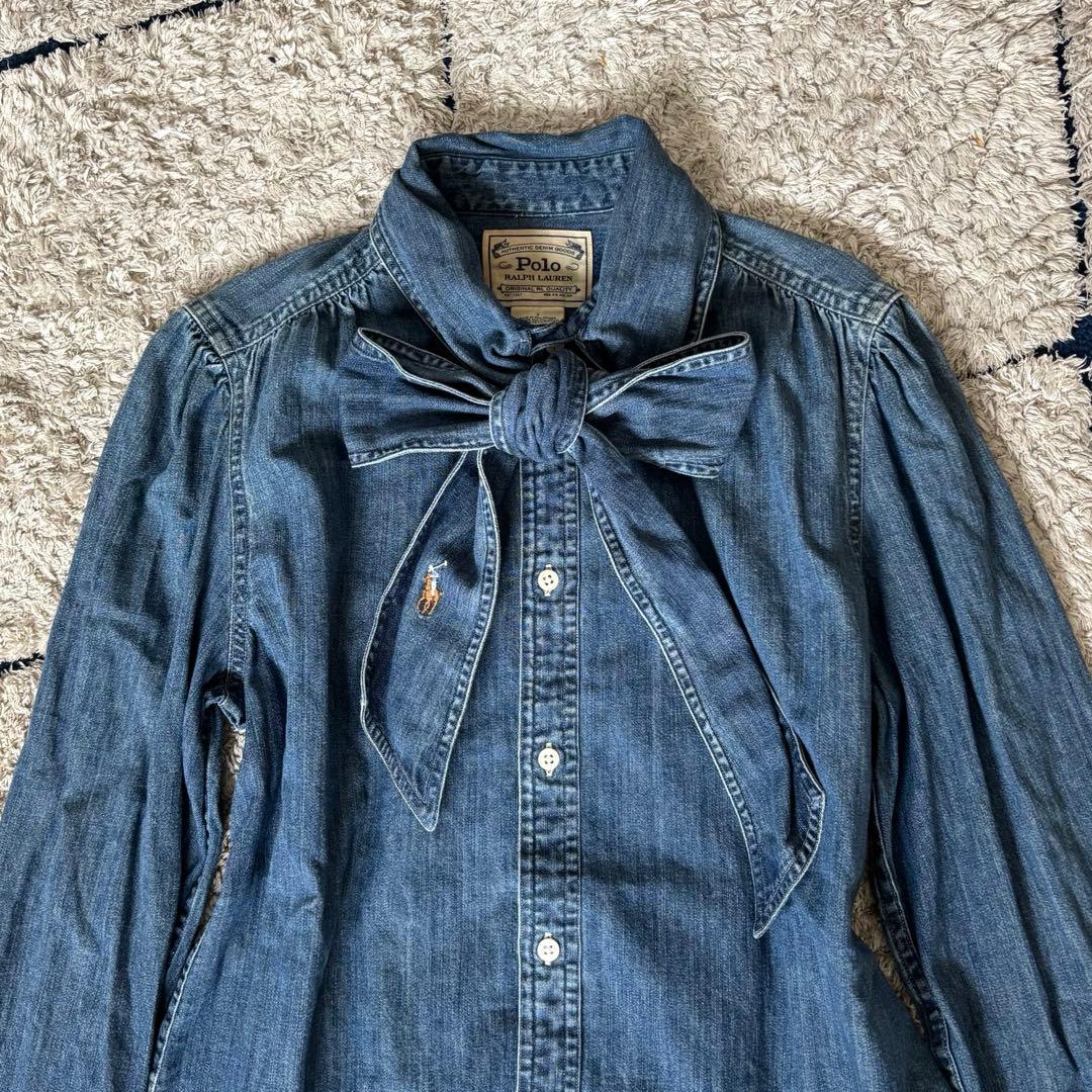 【極美品✨】ポロラルフローレン　シャツ　ボウタイ　ポニー刺繍　インディゴ　８