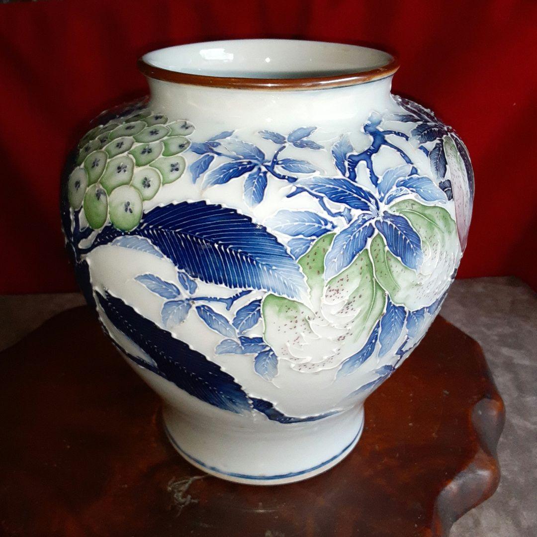 河本礫亭　青華白盛果実文　花瓶 S