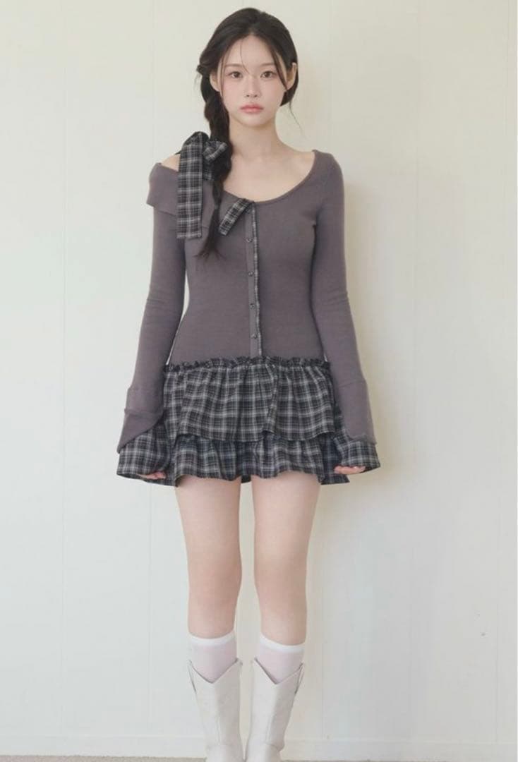 BUBBLES チェックリボンワンショルワンピース