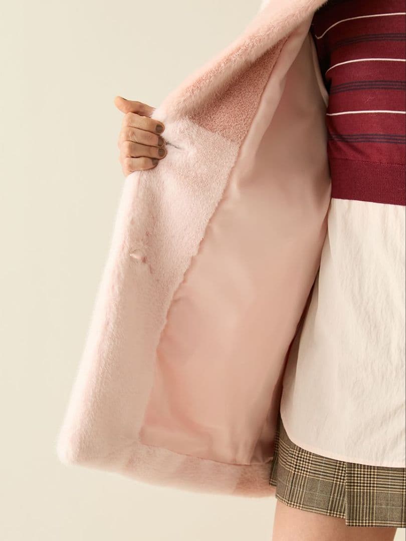 【2/21発送】FURFUR パッチワークエコファーミドルコート ピンク