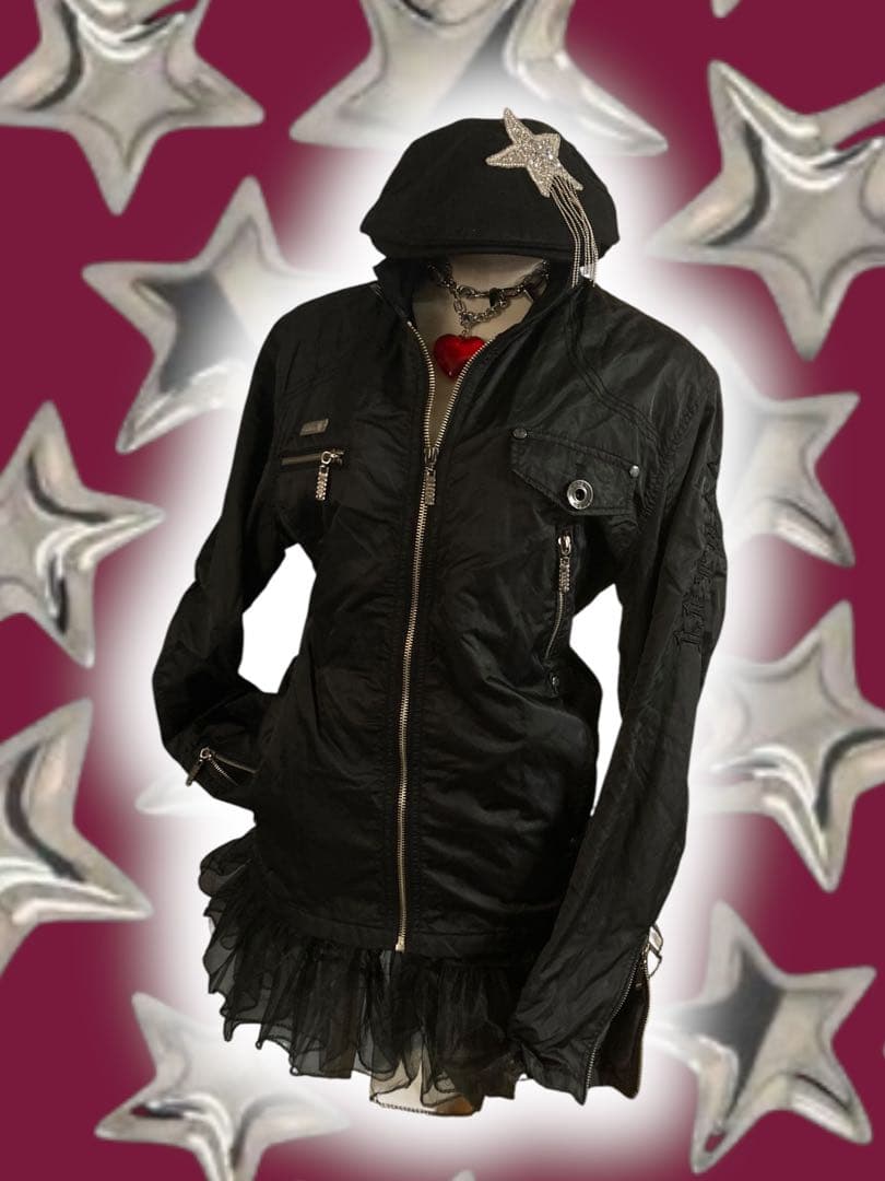 y2k刺繍ドクロ英字フェアリーグランジライダースパンクロックミリタリー黒ゴシック