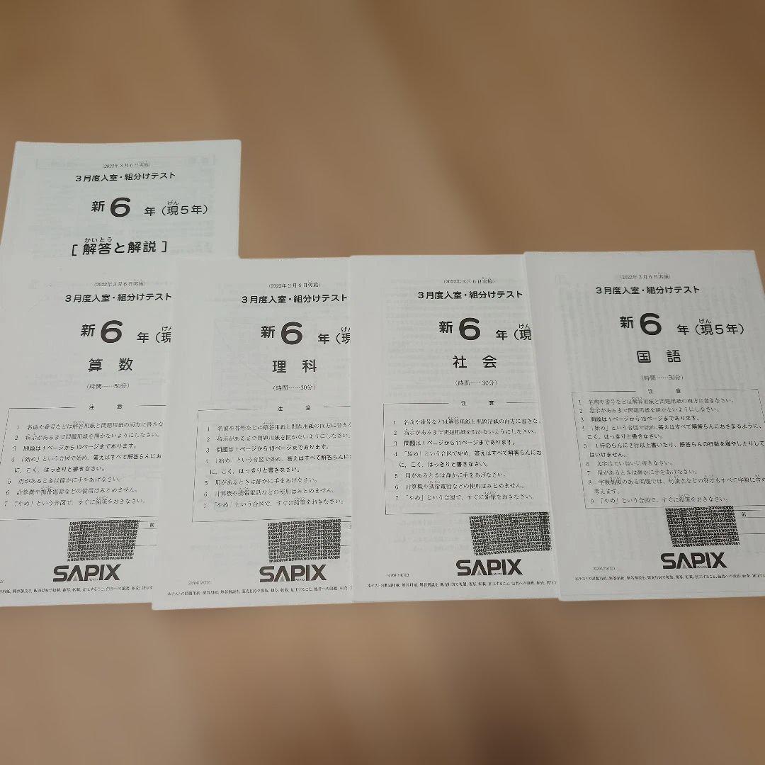 SAPIX 小6 組分け マンスリーテスト 合格力判定 2022年 1年分