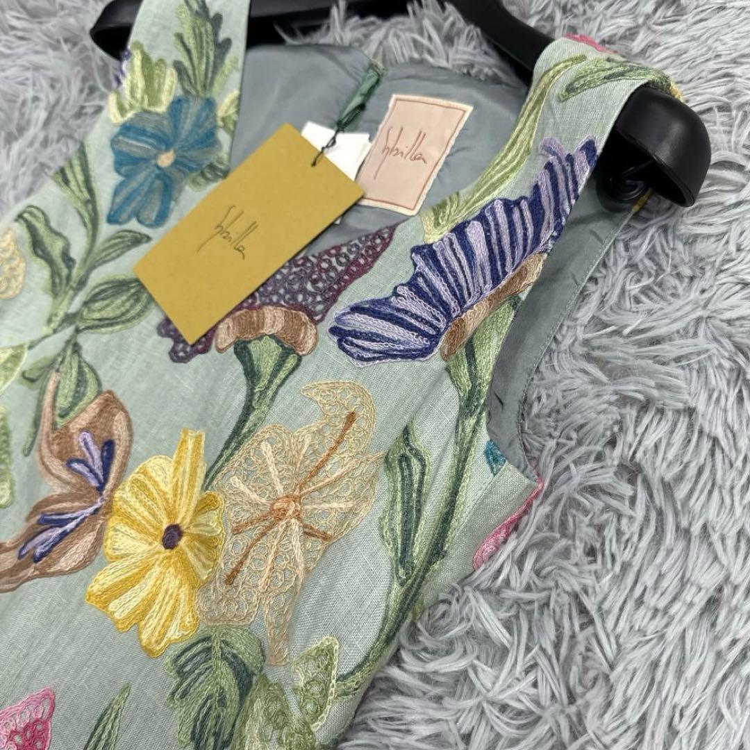 未使用✨希少✨シビラ フラワー刺繍フレアワンピース リネン 総柄 ノースリーブ