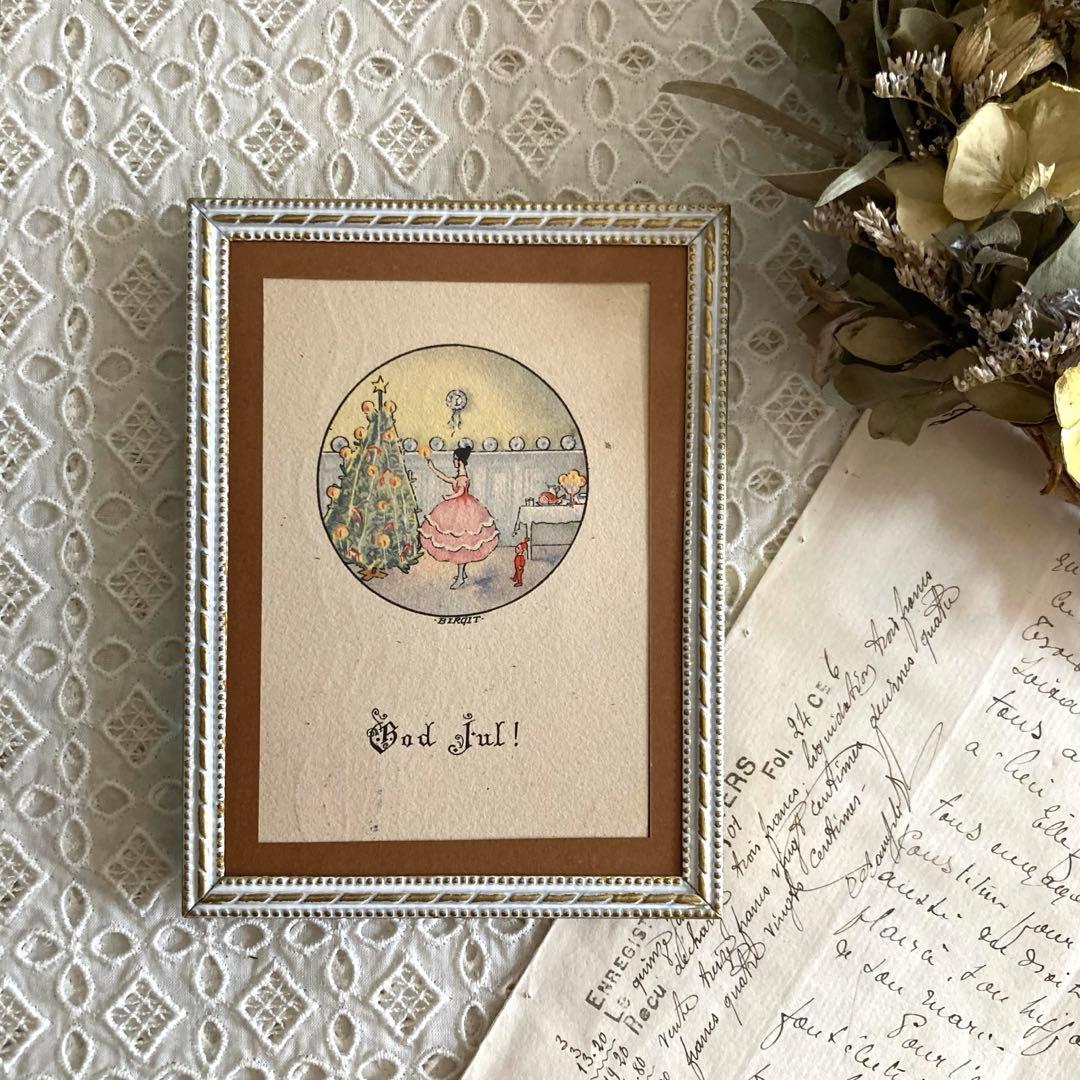 アンティークフレーム（BIRGITのミニカード/ツリーを飾る女の子とトムテ♪）