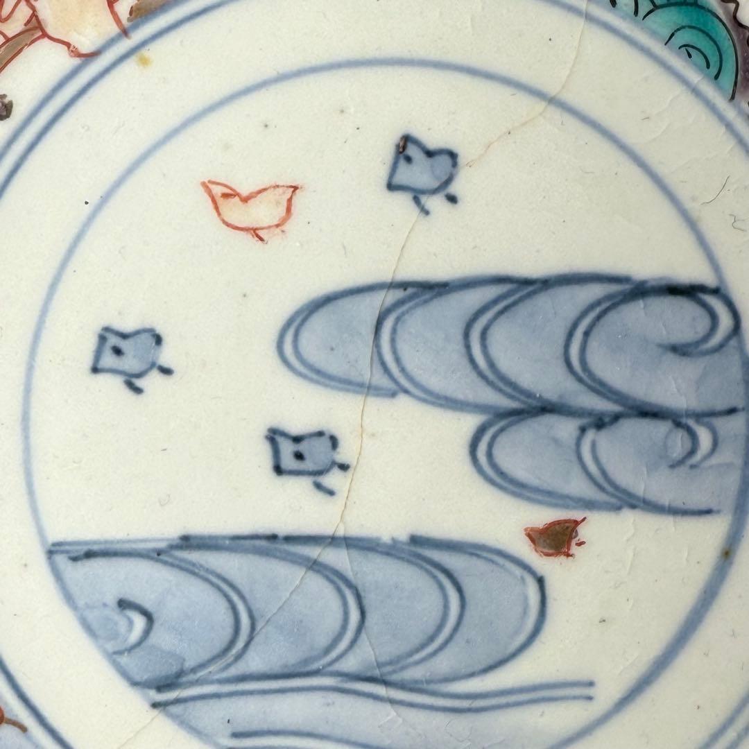 古伊万里　色絵千鳥文膾皿　12客　松　梅　蝶　魚　鹿の目　金蘭手　直径15cm