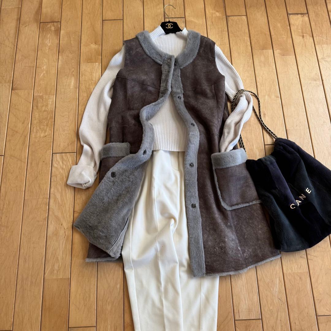 新品同様❣️イタリア製羊革シープスキンムートン　ロングジレベスト