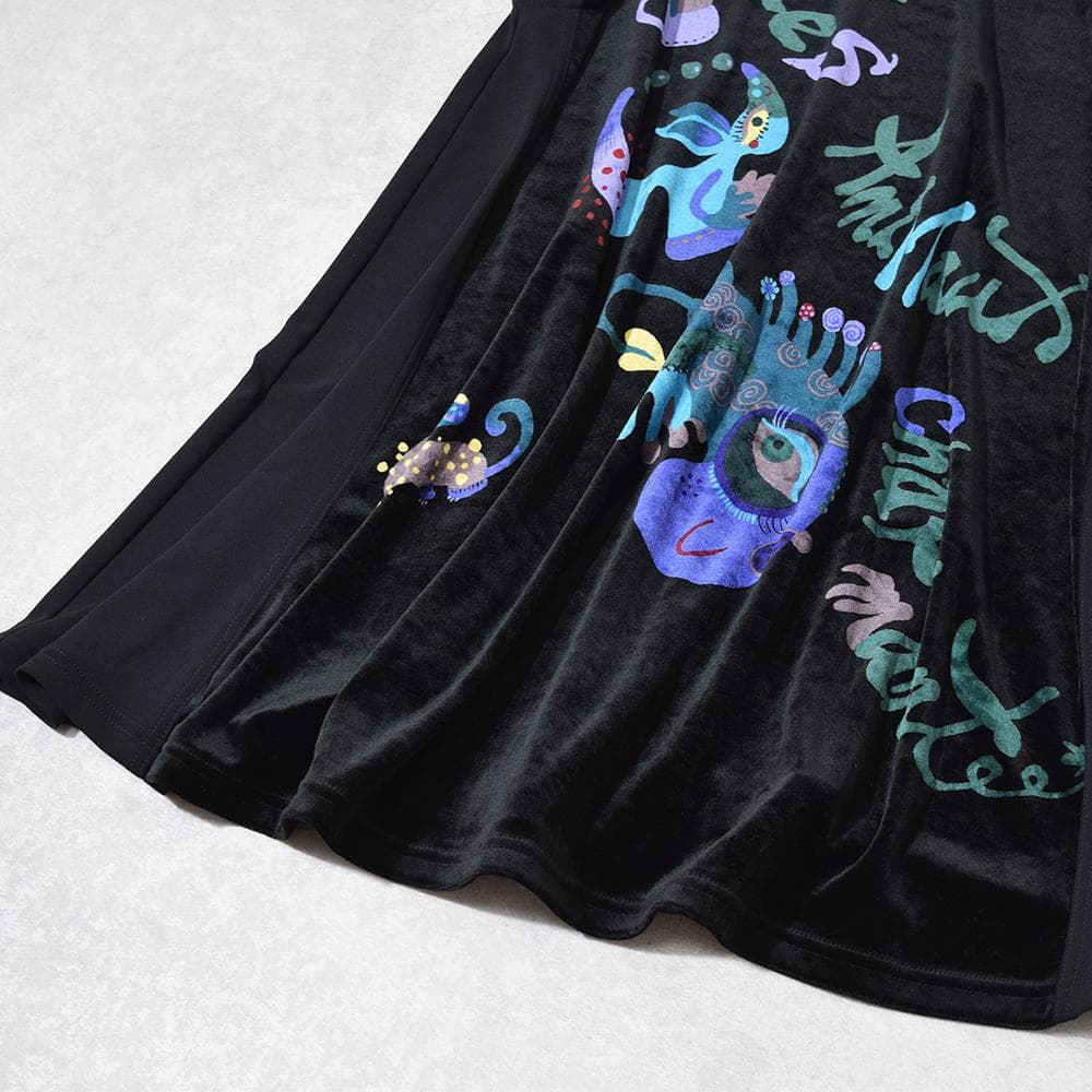 TOKUKO 1er VOL アートプリント ベロア Aライン チュニック 黒