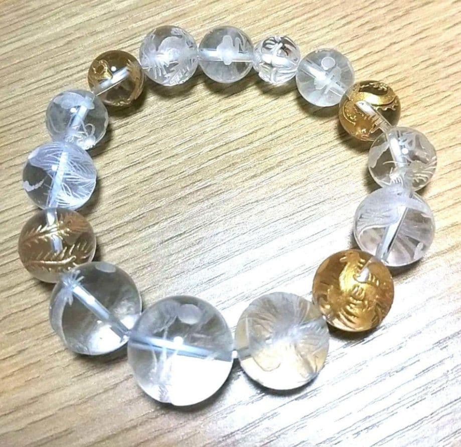 新品　運気金運上昇！水晶金手彫　風水龍、鳳凰ブレスレット　約10～19ミリ