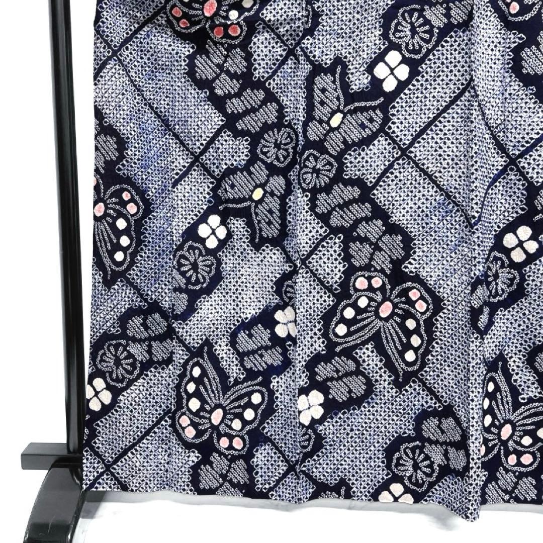 浴衣　有松鳴海絞り　蝶　菱　花模様　ネイビー　着物　034a d