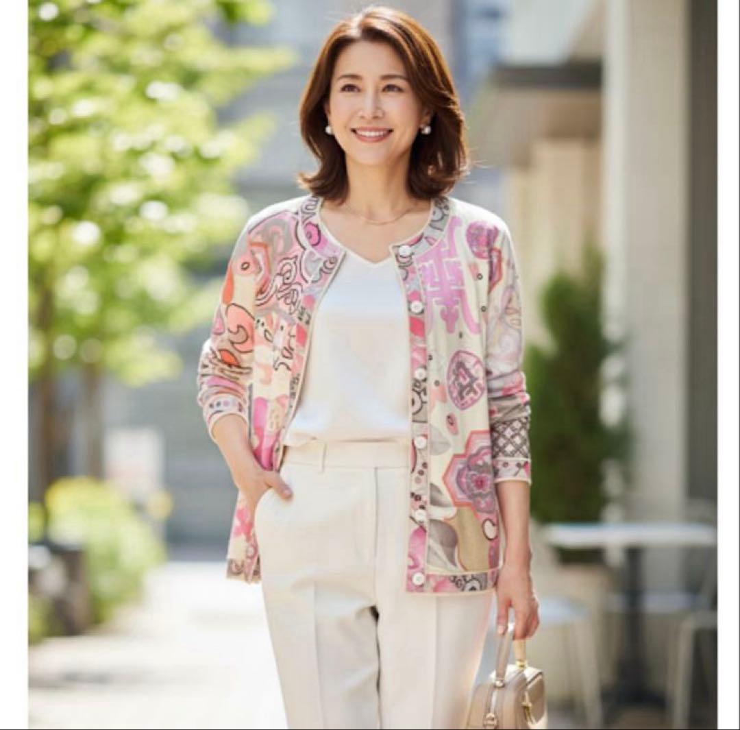 LEONARD レオナール　長袖 花柄ピンク系 カーディガン サイズL