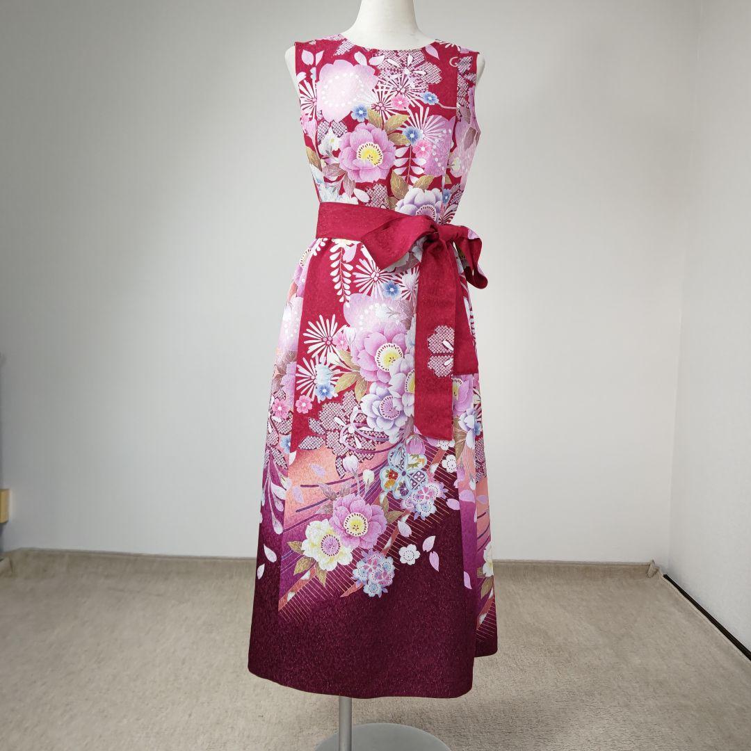 zunezune 振袖ドレス ノースリーブ 着物リメイク 赤