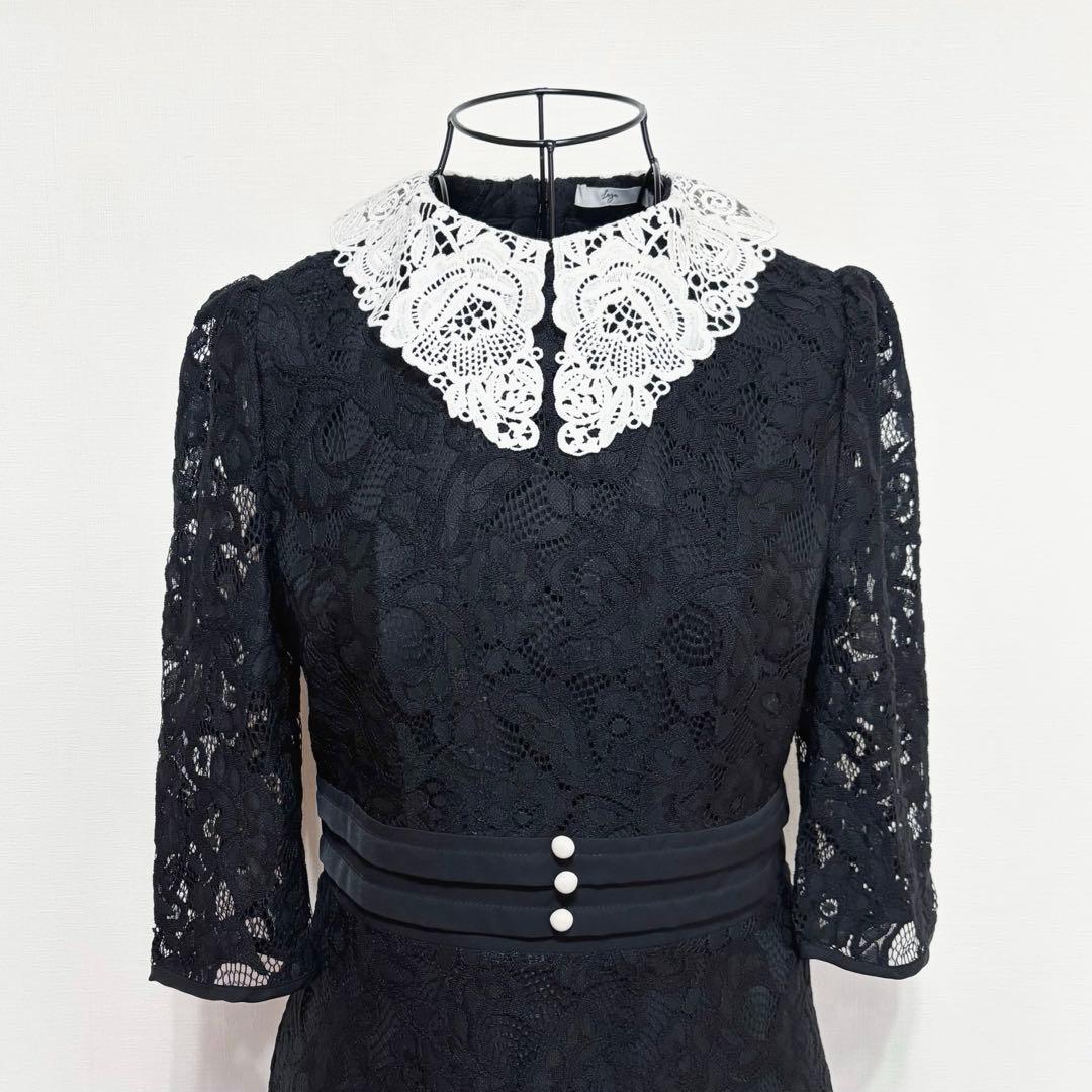 Leja レースビッグカラー花柄ウエストマークロングフレアワンピース 結婚式 S