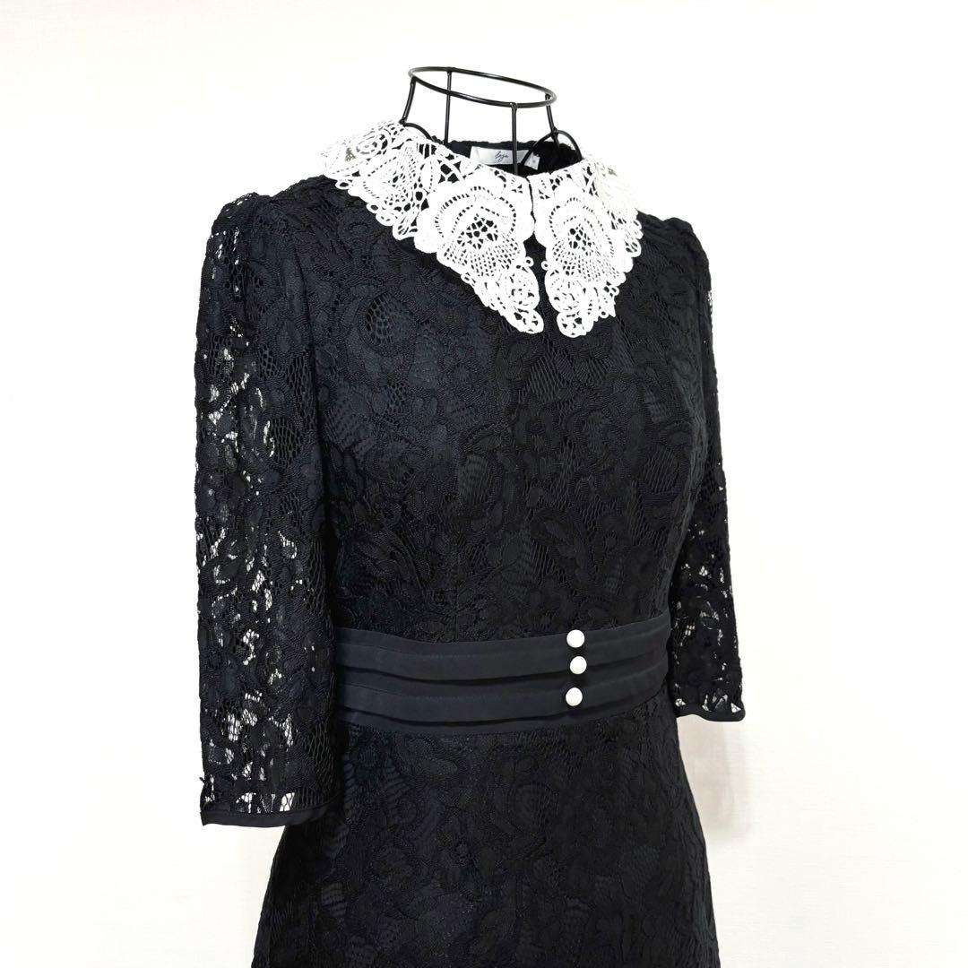 Leja レースビッグカラー花柄ウエストマークロングフレアワンピース 結婚式 S