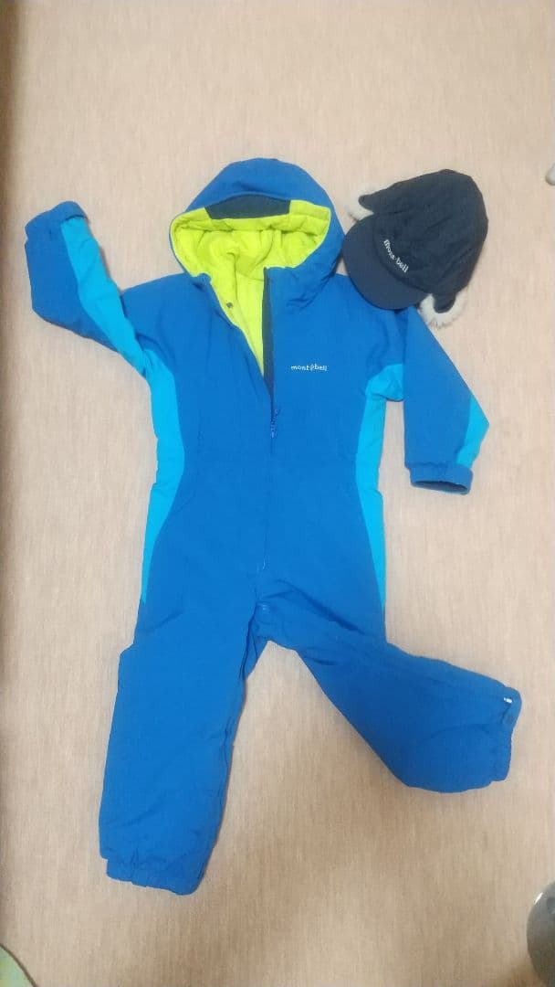 モンベル ジャンプスーツ(つなぎ)&帽子セット 110 ブルー系 おまけ付き☆