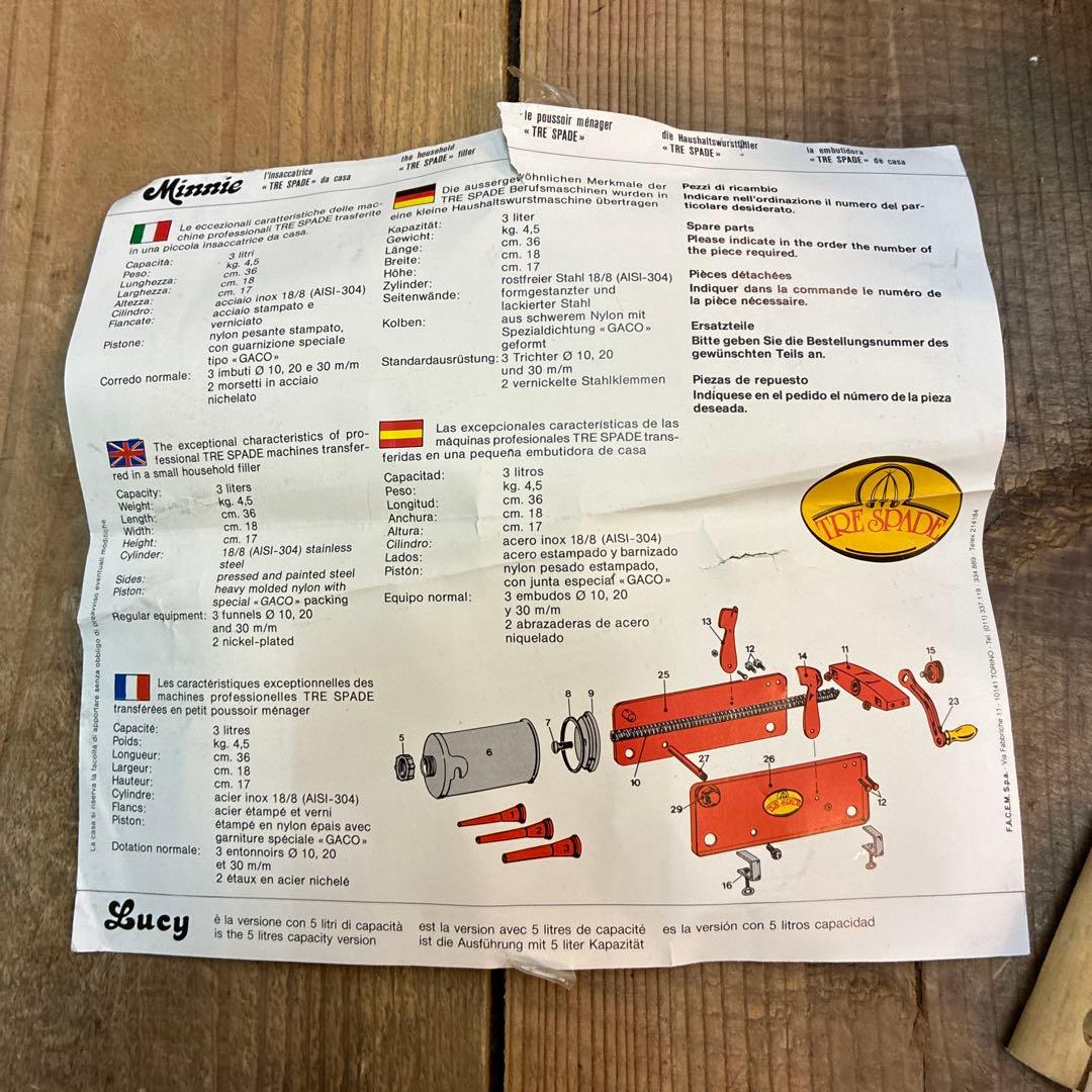 TRE SPADE ITALY手動式ソーセージフィーラー　　3L