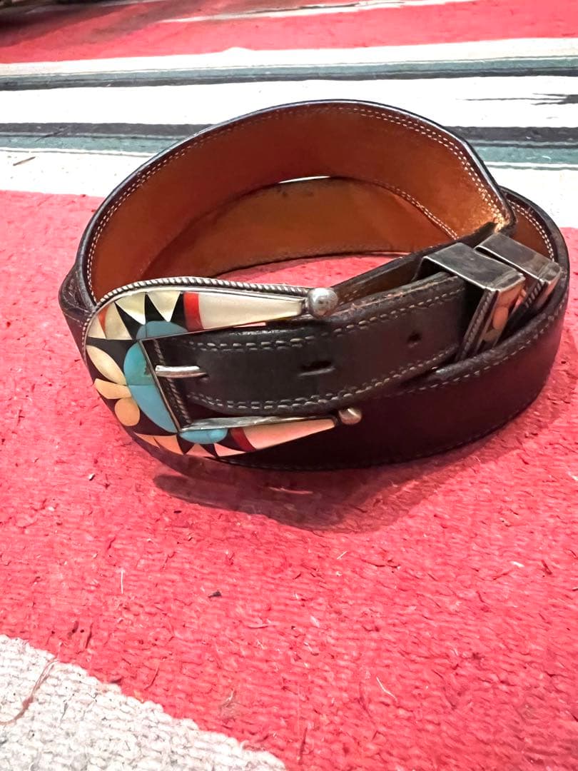 インディアンジュエリー　シルバー925製　ターコイズ、シェル　インレイバックル