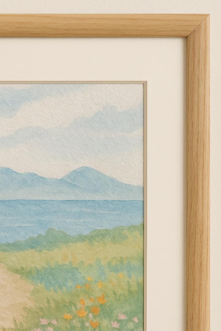 【原画】水彩風景画 海辺の小道 額縁付き 自然アート 一点物