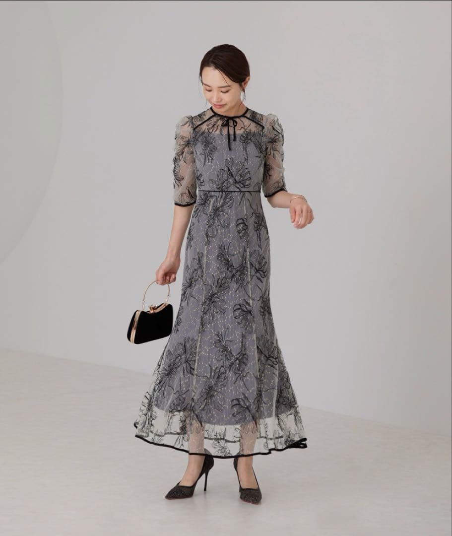 Leja 花柄刺繍レースパフスリーブマーメイドフレアロングワンピースドレス