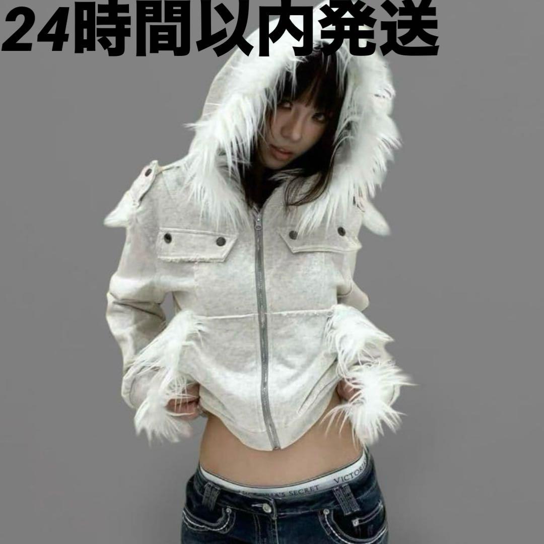 ファー パーカー 白 HIPHOP Y2K ミリタリー 短丈drip ギャル