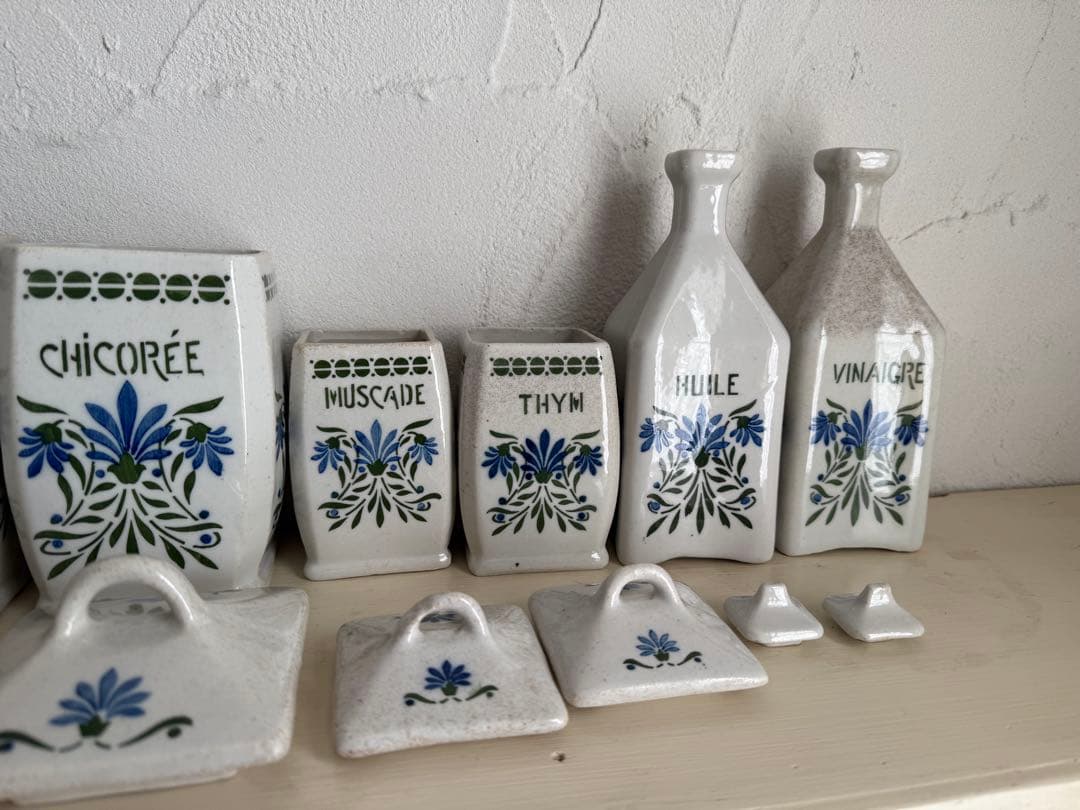 フランスアンティーク　陶器の花柄キャニスター6点セット