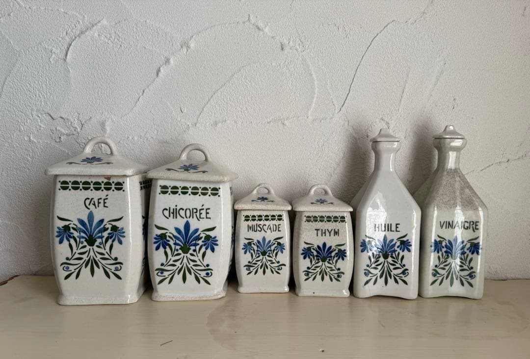 フランスアンティーク　陶器の花柄キャニスター6点セット