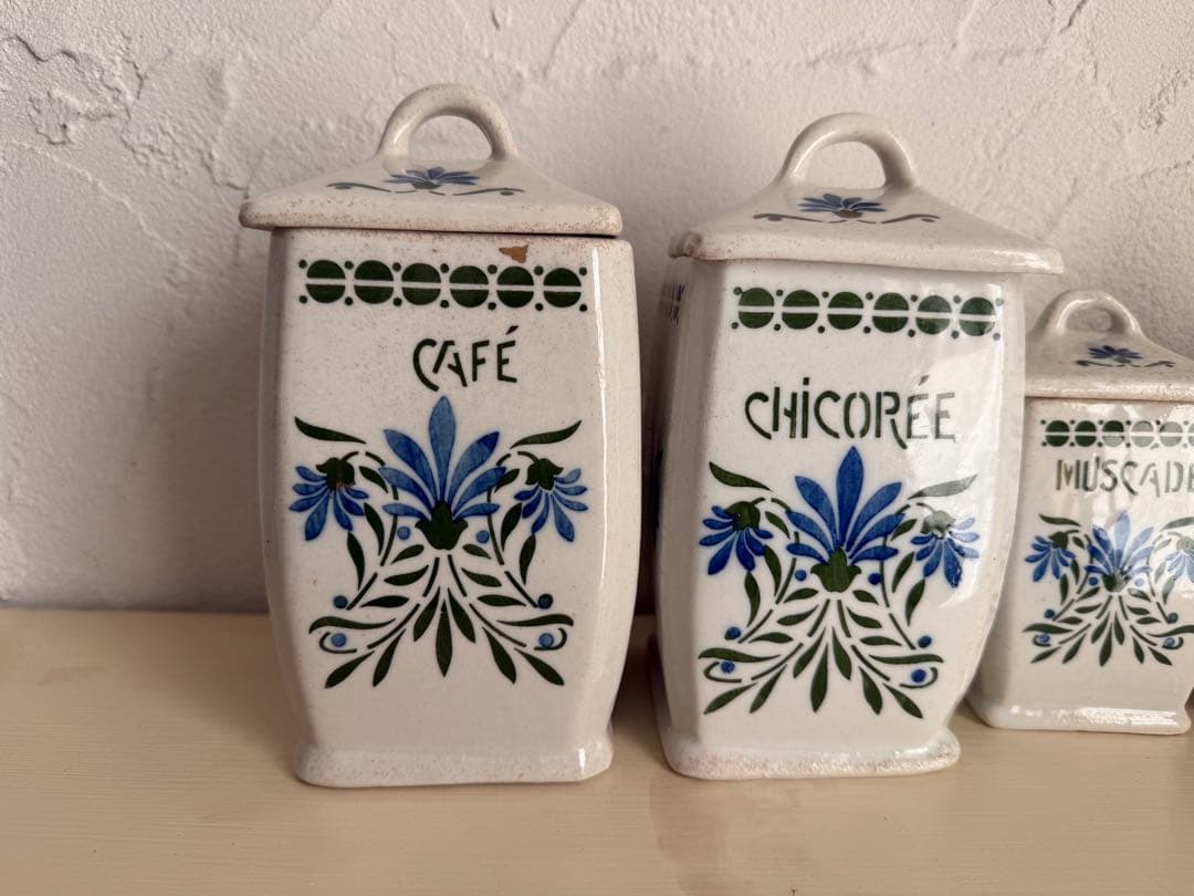 フランスアンティーク　陶器の花柄キャニスター6点セット