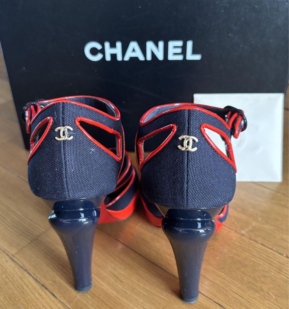 未使用品　シャネル　オープントゥハイヒール レッド/ネイビー 34
