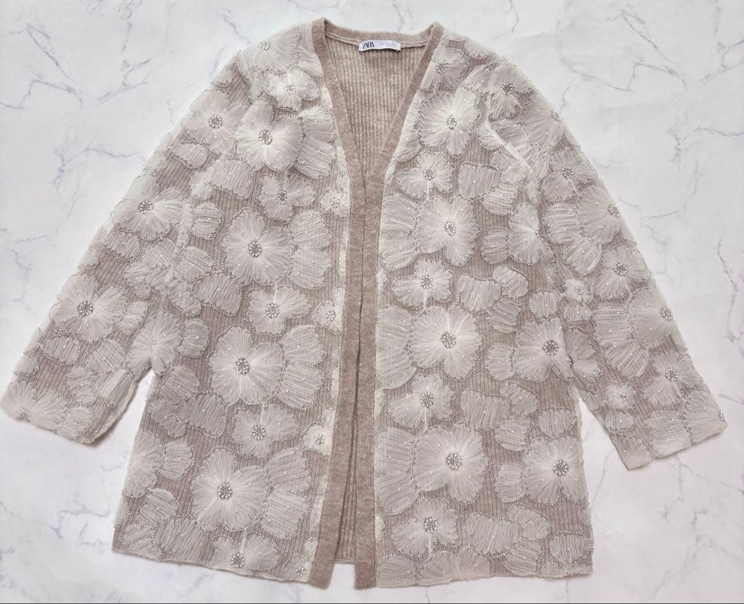 美品 ZARA ザラ コントラスト フェイクパール ニット コート カーディガン