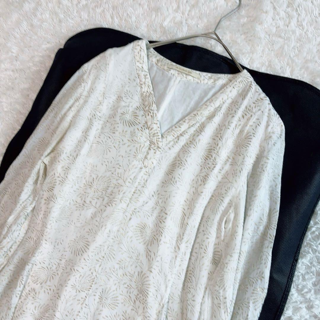 ヌキテパ ゴールドフラワープリントパネルドレス 箔プリント ロングワンピース M