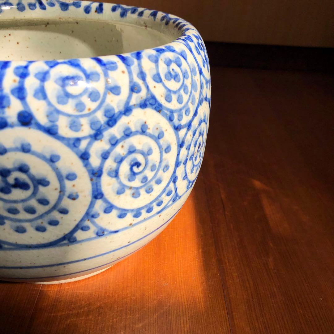 信楽焼 蛸唐草文様 火鉢鉢カバー青い渦巻き柄 日本伝統工芸品