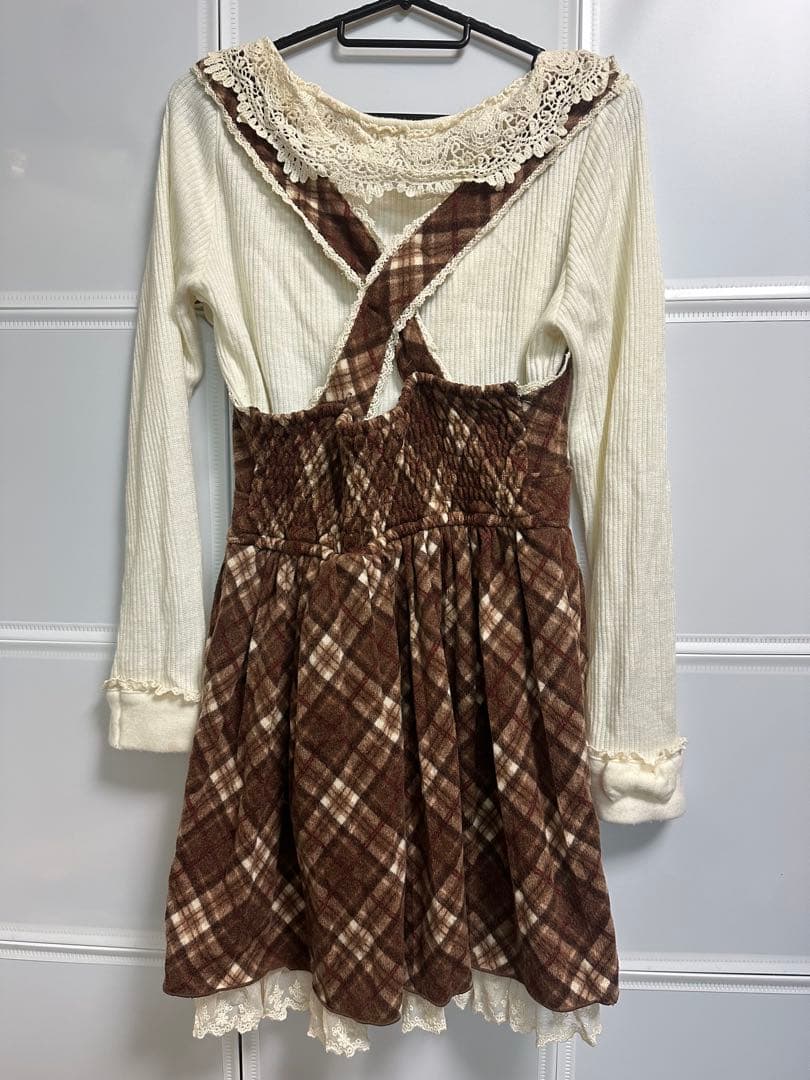 LIZLISA ブラウン チェック柄 ワンピース ジャンパースカート　長袖