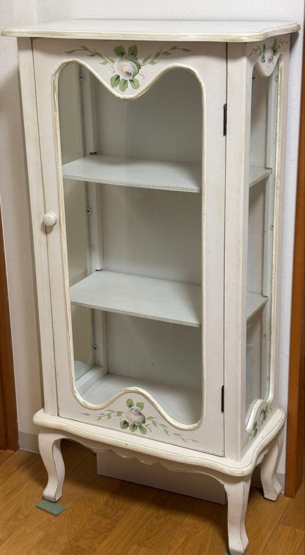 ホワイト木製キャビネット 花柄装飾 3段 スリム型