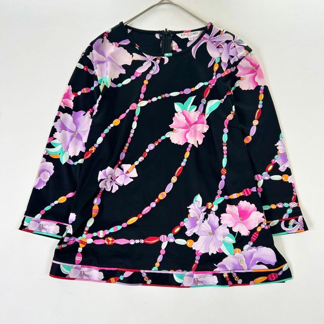 大きいサイズ42 レオナール 豪華花柄 チュニック ブラック ゆったり
